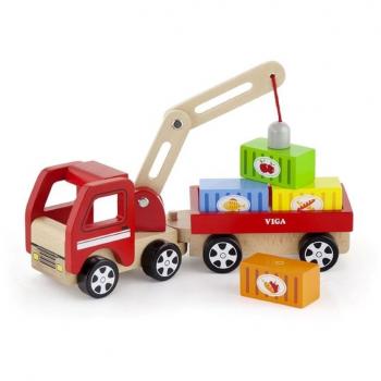 Viga Toys Spielzeug-Holzkran mit Containern