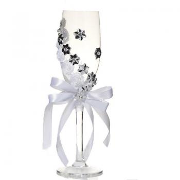 Copas de Champagne y Vino Tinto en Plata con Detalle Floral – Set de 2