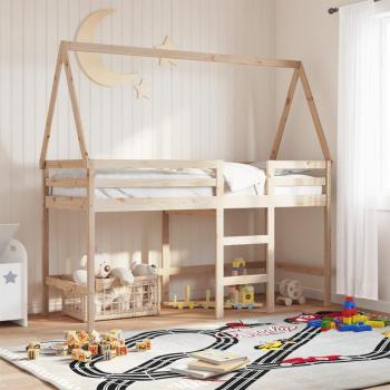 Letto Soppalco 90x200 cm in Legno Massello di Pino con Scala e Tetto