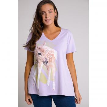 T-shirt Donna Taglie Forti con Stampa Capriolo, Scollo a V, Mezze Maniche, Blu, Cotone, Taglia 68/70
