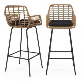 Tabourets de bar SUMMER (2 pièces) avec accoudoirs en rotin beige, pieds métalliques noirs