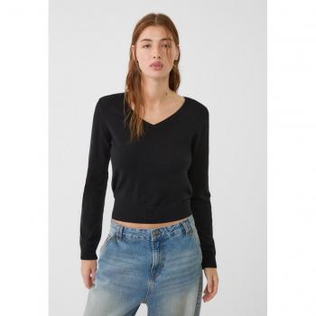 Stradivarius T-Shirt Scollo a V Nero XS