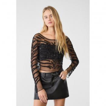 Top nero ricamato con schiena incrociata S