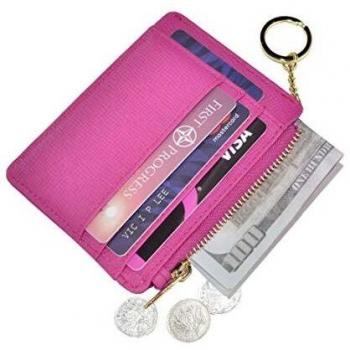 Ehsbuy Slim Leather Zipper Coin Purse Keychain Wallet (Rose)