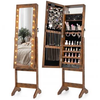 Illuminated Brown Jewelry Cabinet with Full-Length Mirror