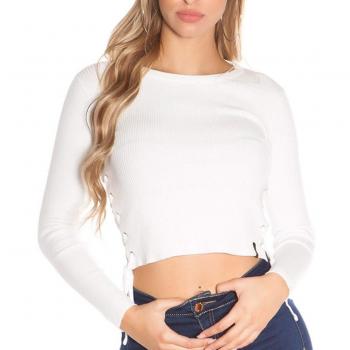 Koucla Strick-Rippe Crop Pullover langarm bauchgrei schnürung XS/S