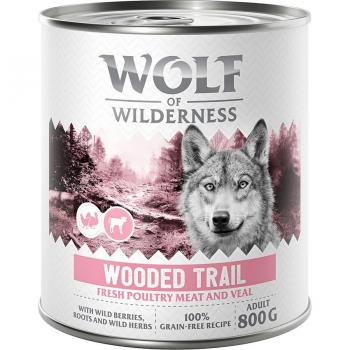 Wolf of Wilderness 6 x 800 g comida húmeda para perros - Expedición - Senderos Boscosos, ave con ternera