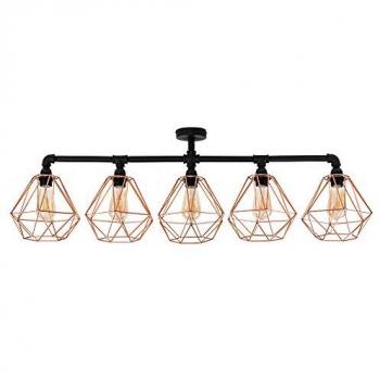 5 Way Satin Black Pipework Bar Ceiling Light with Copper Basket Cage Shades - With LED Filament Bulbs In Warm White