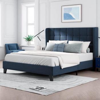 Okwish Letto con testiera imbottita, rete a doghe, 140x200 cm (lino blu)