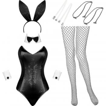Ensemble costume de lapin sexy femme avec lingerie et queue - Bodysuit Halloween Noël V Noir S