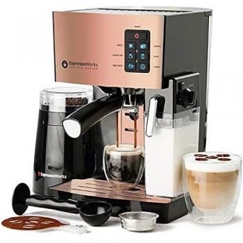 EspressoWorks 10Pc All-in-One Barista Bundle Espresso Machine & Cappuccino Maker, Built in Milk Steam & Frother, Electric Grinder, 2 Cappuccino & 2 Espresso Cups, 16 Coffee Stencils