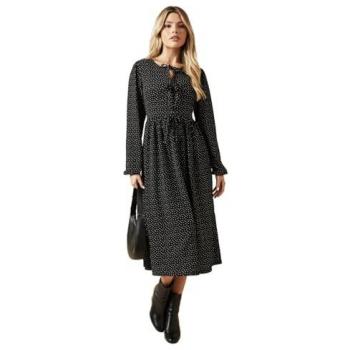 Mono Spot Bow Tie Front Long Sleeve Midi Dress