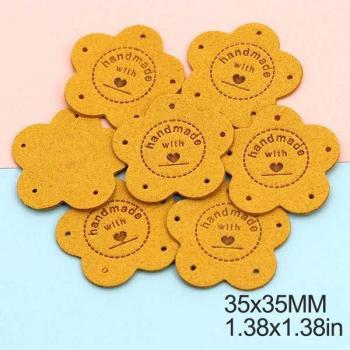 20pcs Leather Flower Tags - Handmade With Love, 35MM for Hats, Knitted Clothes, DIY Bags & Baskets