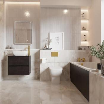 Alford 1600mm Steel Straight Single Ended Bathroom Suite – Brushed Brass Flush Plate, Wall‑Mounted Toilet, Metallic Slate Vanity