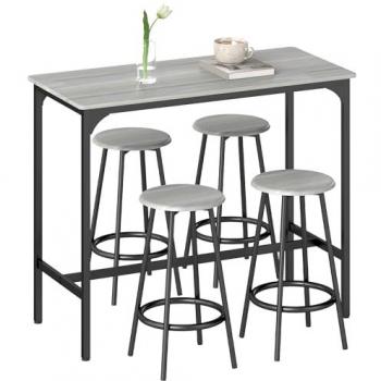 Conjunto Bar Gris y Negro Homcom – Mesa Alta + 4 Taburetes Redondos