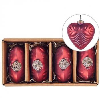 Christbaumschmuck 4er Set Rot Glas Antik-Optik 11 cm Herzform Handgemacht Baumschmuck Weihnachtskugel Christbaumkugel Glaskugel