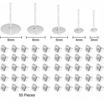 100pcs Stainless Steel Earring Stud Base Setting with Earring Backs for Jewelry Making