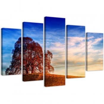 Stampa su tela cinque pannelli, Albero su un colle 100x70 blu