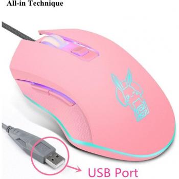 Pink Rabbit Mouse Cableado Tipo C, 2400 DPI LED Light, Para Laptop y Tableta