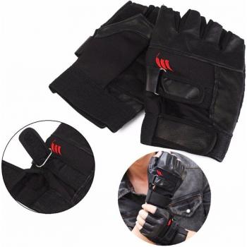 Black PU Leather Gym Workout Gloves with Wrist Support for Men