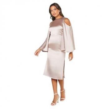 Mink Satin Midi Dress with Cape Back for Wedding Guests
