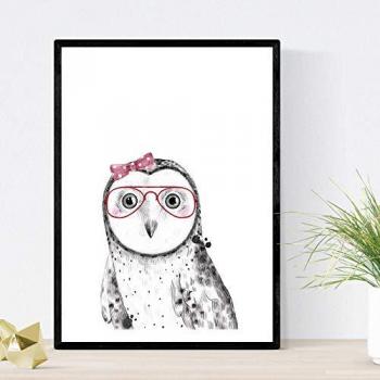 Póster Infantil Búho Bebé con Gafas y Lazo - Lámina A4 Sin Marco