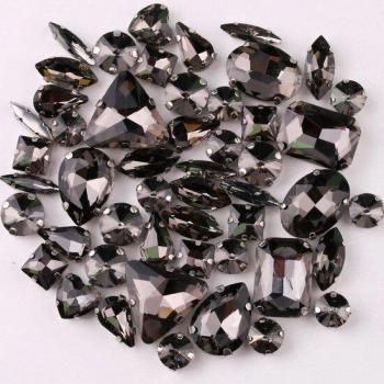 Black Diamond Glass Crystal Sew-On Rhinestones - Mixed Shapes - 50pcs with Silver Claw Settings