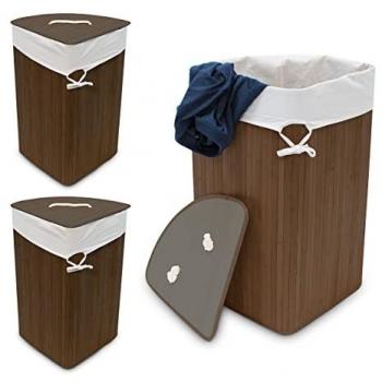 Cesto de Colada Plegable 3x Esquinero, Canasta de Bambú con Tapa, 65 x 49,5 x 37 cm, Marrón