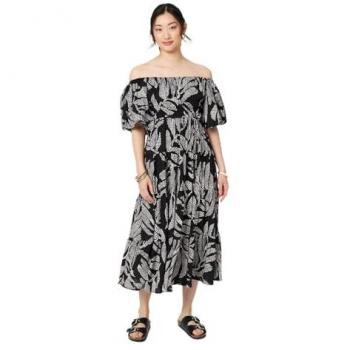 Leaf Print Puff ½ Sleeve Midi Dress