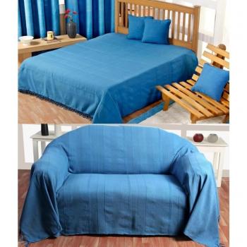 Homescapes Blue Cotton Rajput Ribbed Throw - 150 x 200 cm