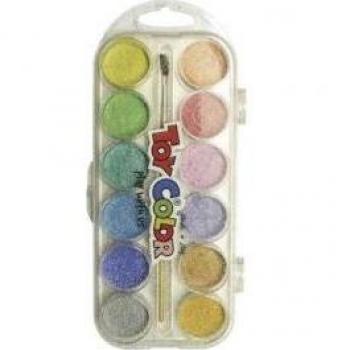 Acquerelli bambini 12 Pastiglie da 30mm colori perlati con pennello per lavoretti Toy Color 767