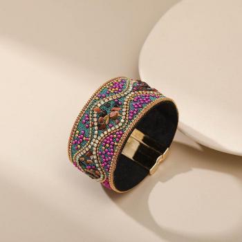 Wide Leather Rhinestone Bracelet & Bangle with Magnetic Clasp