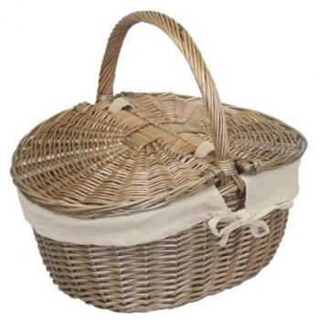 Antique Hand‑Woven Picnic Tote – Oval, Red & Grey Accents, White Lining