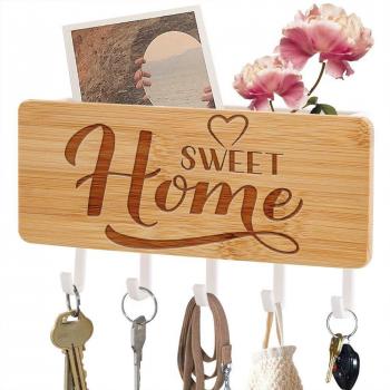 Wooden Key Hanger with Black/White Hooks and Envelope Holders