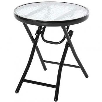 Tavolo da Giardino Outsunny 45x50 cm, Metallo nero, Ripiano in vetro, Blocco sicurezza