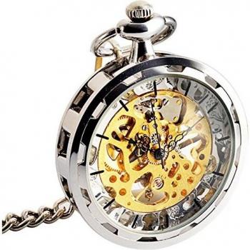 Vintage Silver Steampunk Skeleton Watch with Transparent Mechanical Chain