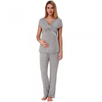 GentleMom Sleepwear Set – Maternity PJs with Nursing Access, Grey, 2XL