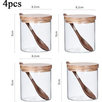 Clear Glass Spice Jar Set with Wooden Tops - 8x9cm, 2 Pieces with Spoons for Salt and Sugar