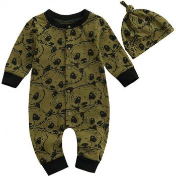 Panda Print Baby Outfit Set for Newborns with Jumpsuit and Cap 0-18M