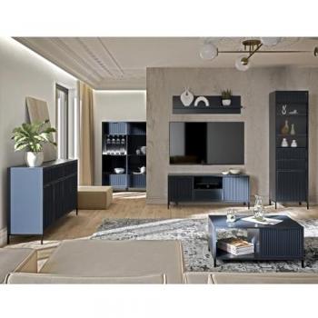 Lomadox Wohnwand LAURO-161, (6-St., Sideboard Vitrine Wandregal Lowboard Highboard Couchtisch), Wohnzimmer Set Indigo blau modern mit Rillenoptik und Beleuchtung