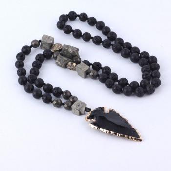 Yoga Mala Bead Necklace with Lava Stone Arrow Pendant
