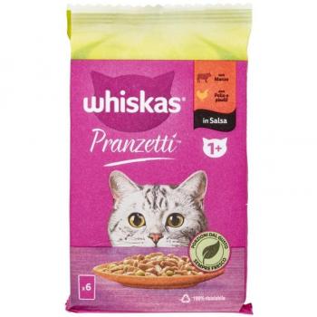 WHISKAS PRANZETTI CON MANZO, CON POLLO E PISELLI IN SALSA 6X50G