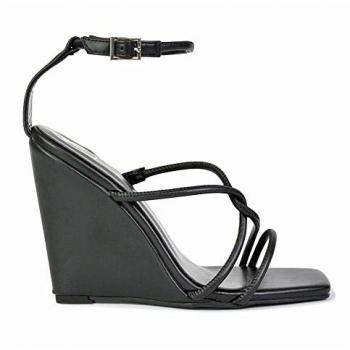 XY London Danica Black Ankle Strap Square Toe Wedges – Size 7