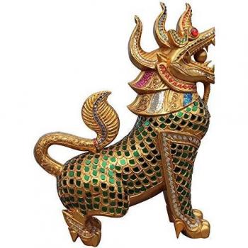 Goldener Wächterlöwe – Handgefertigte Thai-Tempel-Buddha-Schutzfigur