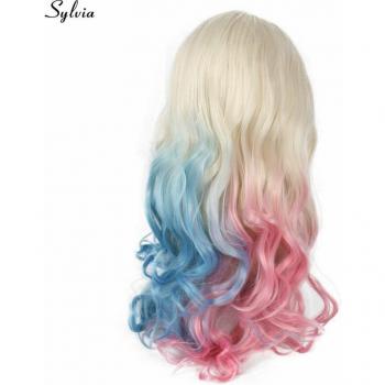 Sylvia Long Blonde Ombre Half Blue/Half Pink Heat Resistant Wig