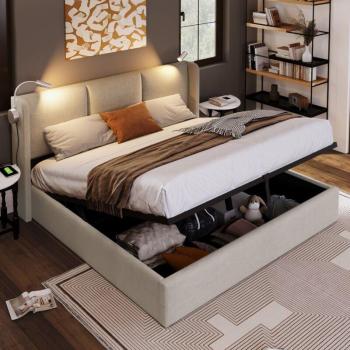 Letto Matrimoniale Box Lino con Contenitore e Funzione di Ricarica USB