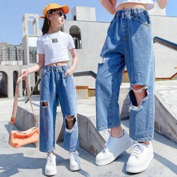 Pantalones vaqueros rotos de cintura alta para niñas, diseño casual de pierna ancha