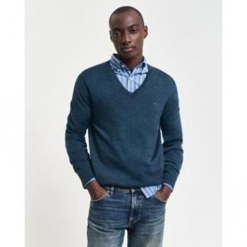 Gant Camiseta de Lana Merino V‑Neck Azul Maritimo