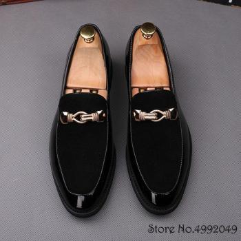 Men's Faux Suede Formal Wedding Shoes - Flat Party Shoes with Metal Detail