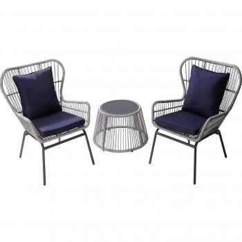 Rattan Patio Set with 2 Chairs and Table - Blue